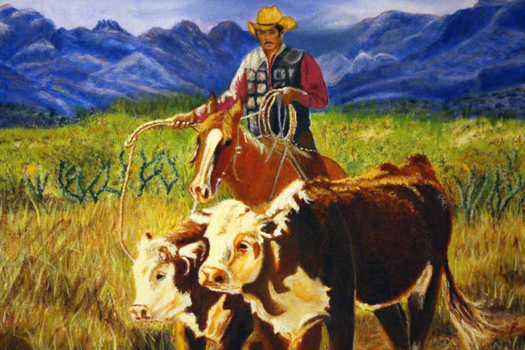 Cowboy Herding Cattle painting closeup