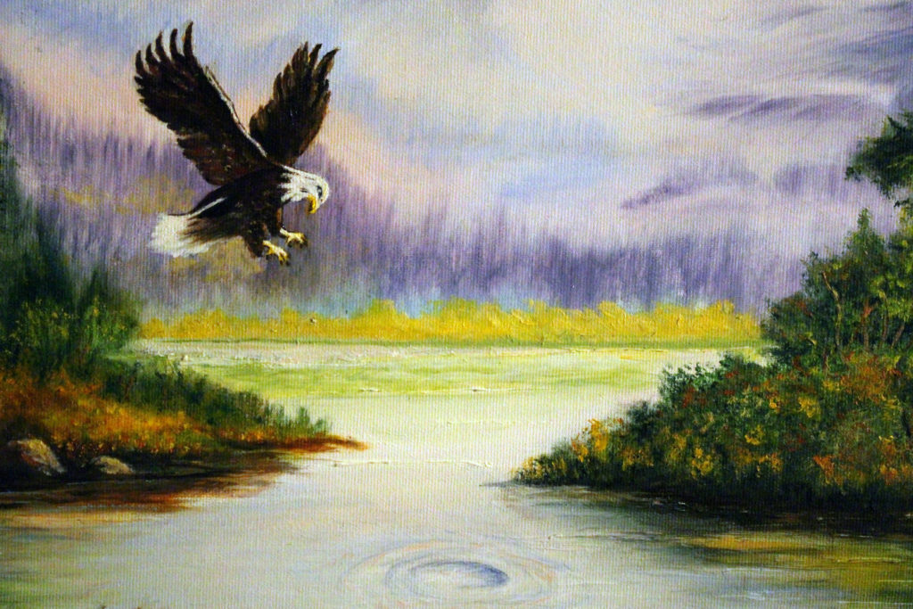 Eagle at Lake painting closeup