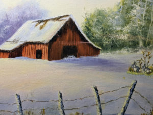 Snow Barn painting closeup