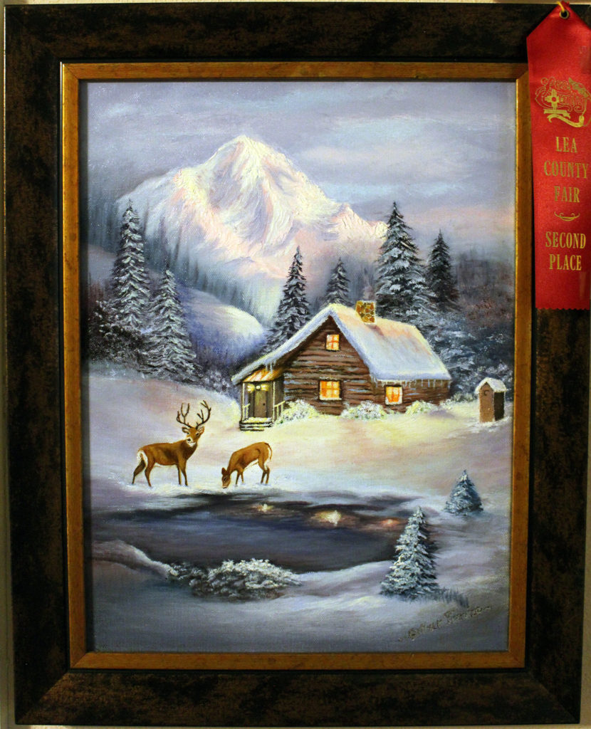 Log Cabin with Deer painting by Esther Trevizo