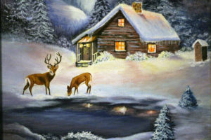 Log Cabin with Deer painting closeup