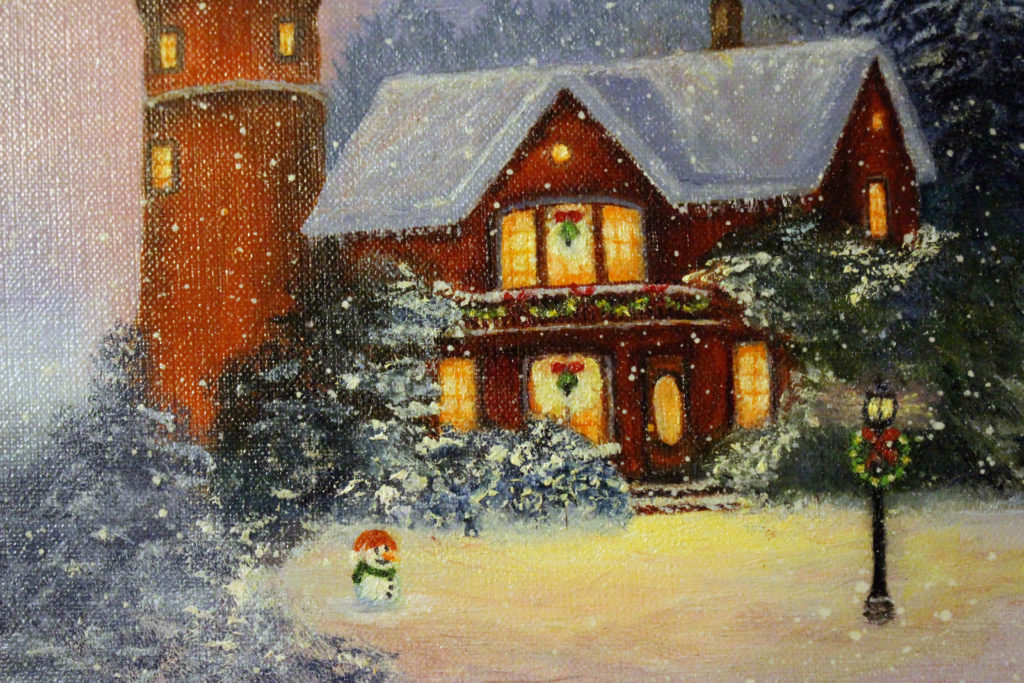 Winter Lighthouse painting closeup