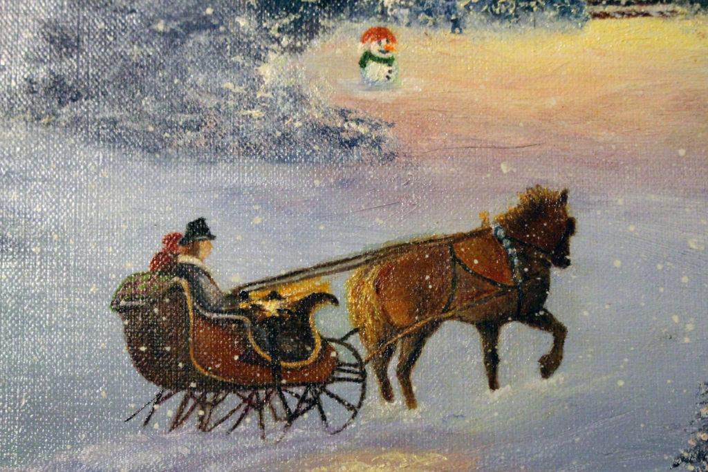 Horse Carriage in Snow painting closeup